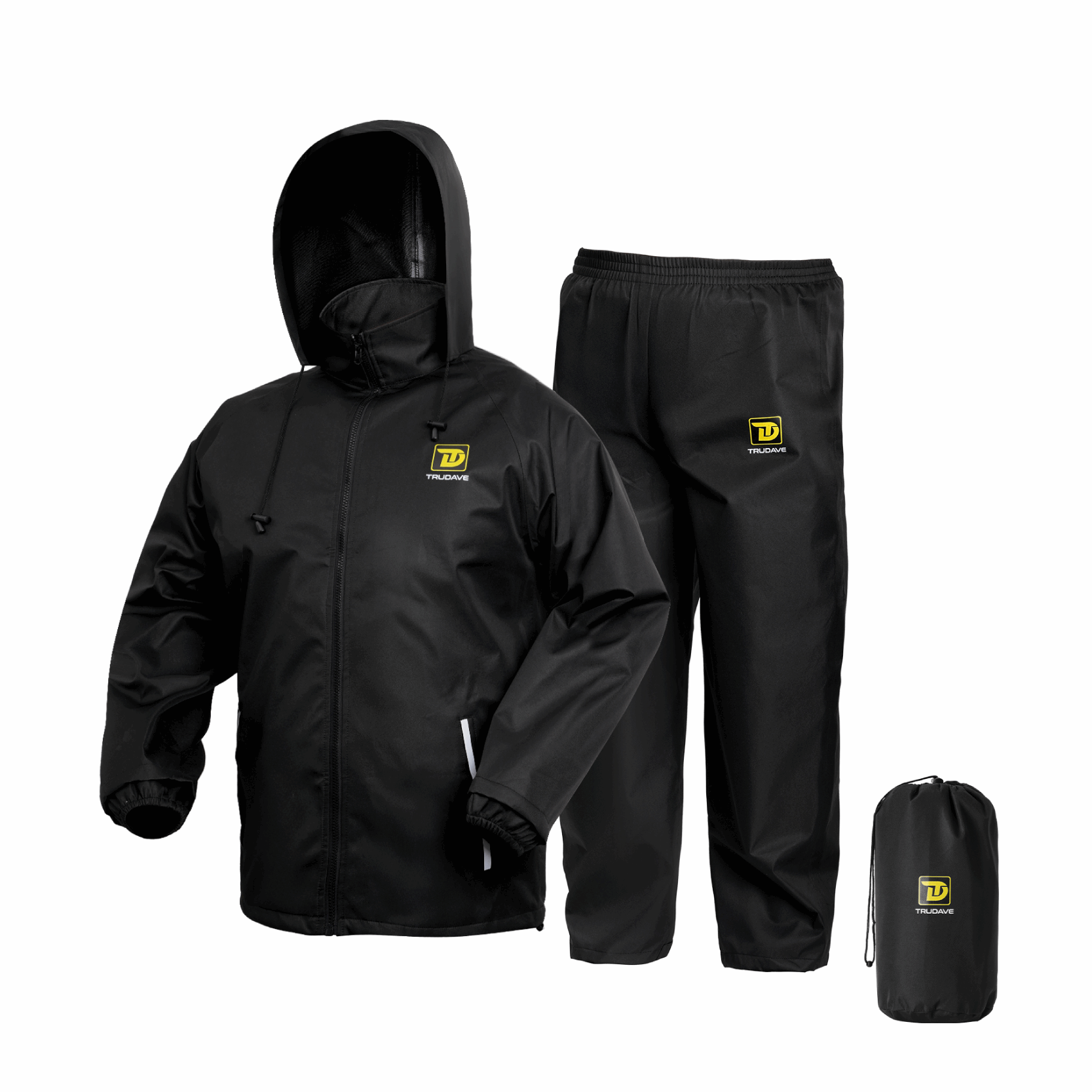 Trudave TrailBlaze Series Men’s Waterproof Breathable 2-Piece Rain Suit in black – front view showcasing durable waterproof jacket and pants for outdoor hunting, fishing, and hiking protection